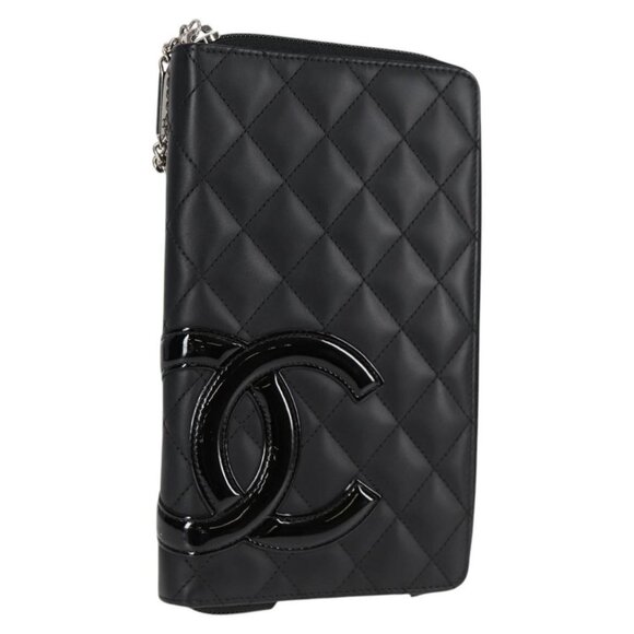 CHANEL Cambon Line Matelasse Long Wallet Calf leather Black CC Auth - Picture 1 of 16